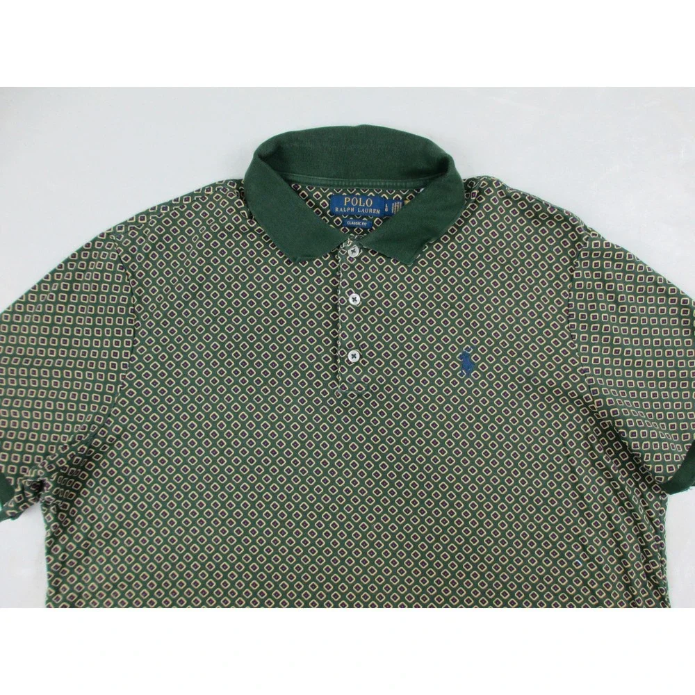 Ralph Lauren Polo Shirt Mens Large Green‎ Pony Diamonds AOP Classic Fit Casual*